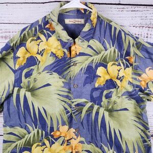 Tommy Bahama Silk Hawaiian Camp Shirt Large Regular Fit Orchid Palm Leaf Blue
